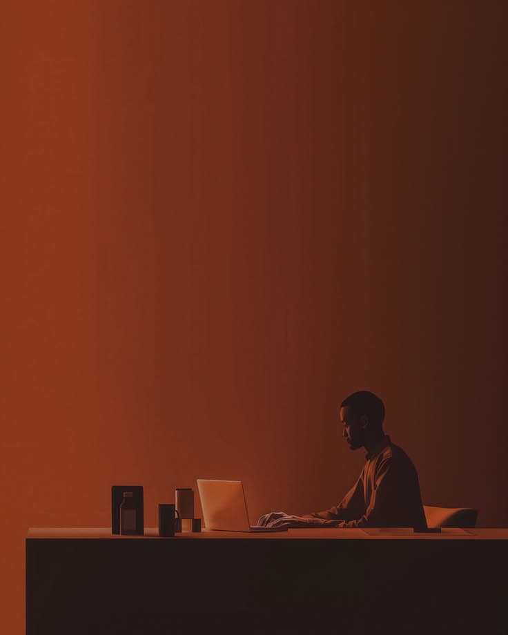Silhouette d'un homme seul devant un ordinateur portable, à une longue table, dans une pièce vide baignée d'une lumière terracotta