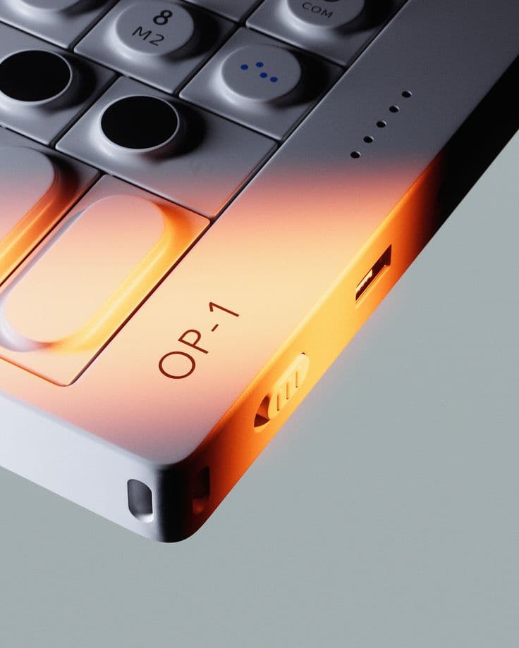 Le coin d'un synthétiseur OP-1 vu en diagonale sur fond gris clair, sa tranche baignée d'une lueur orange qui irradie depuis l'intérieur de l'appareil